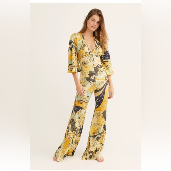Free People Night Fever Yellow Wide-Leg Jumpsuit NWT - Picture 10 of 10